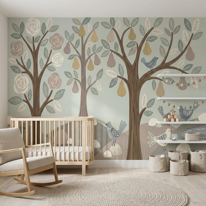 Whimsical Woodland Wallpaper Stylized Trees Peel and Stick Hand Painted ...