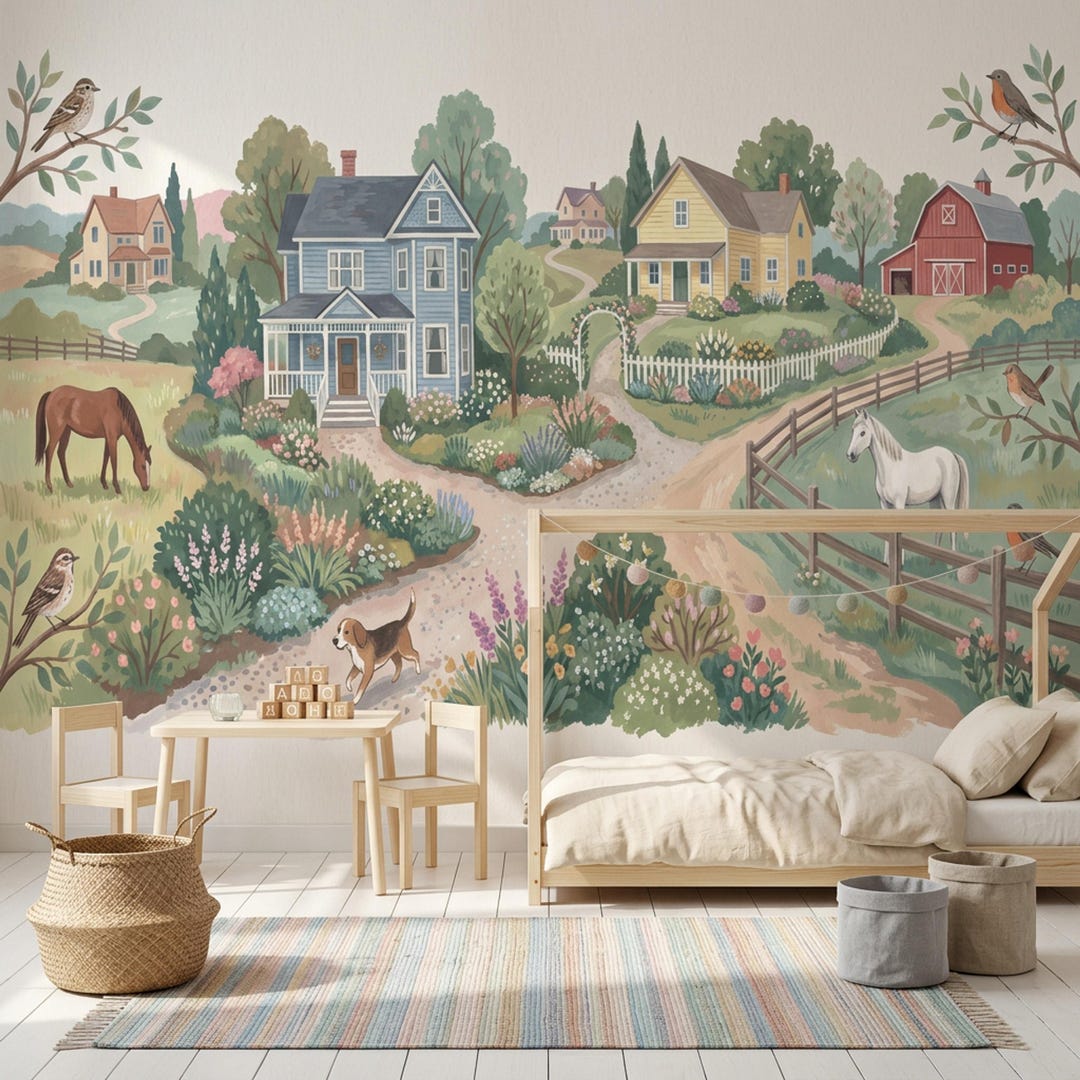 Blue Wallpaper for Nursery With Farmhouse Village Scene - Etsy