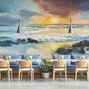 Oil Painting Sea and Sunset Design Wallpaper Cafe Restaurant Decoration Living Room Bedroom Office Mural Home Decor Wall Art
