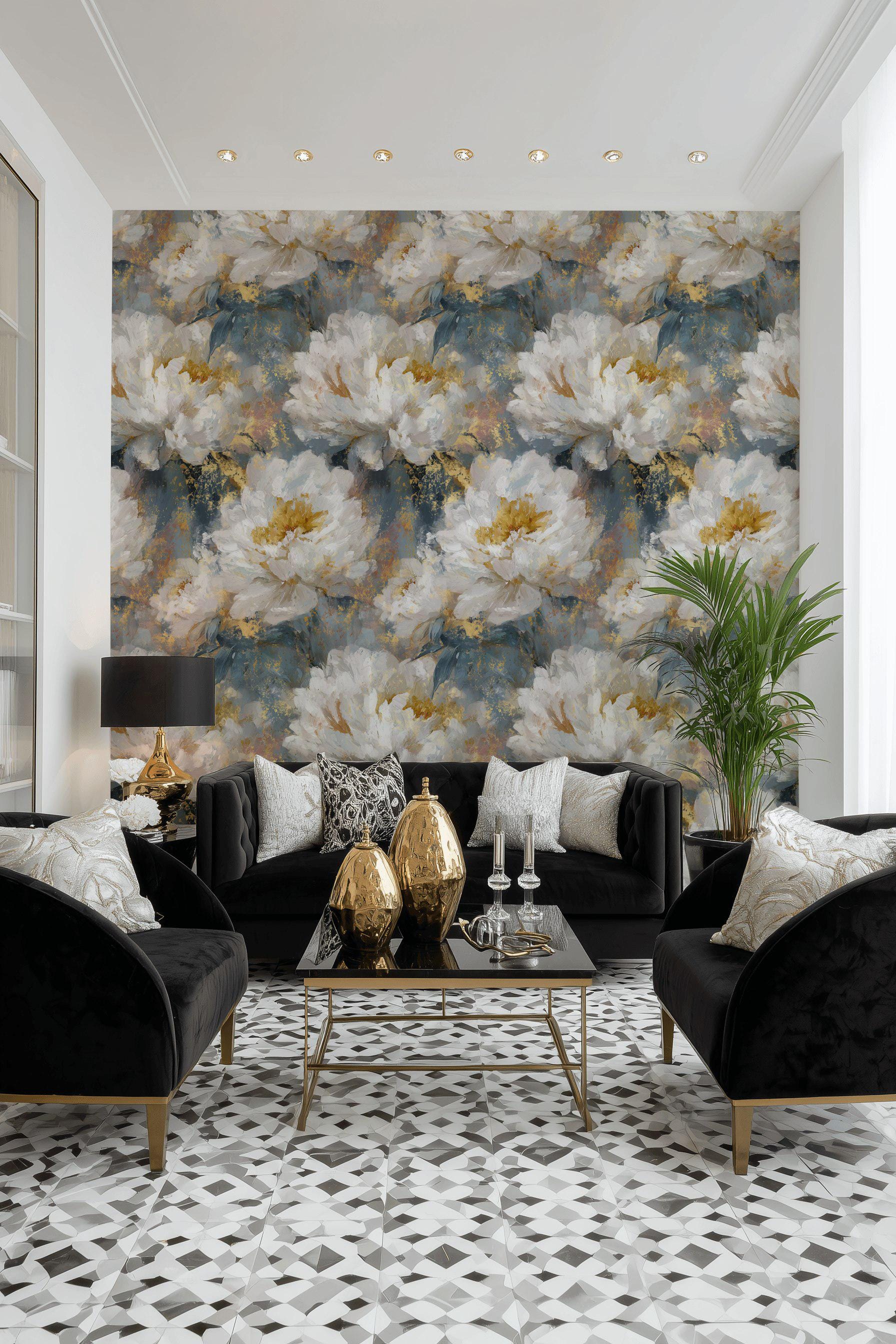 White Peony Wallpaper Blue and Gold Look Peel and Stick Floral Wall ...