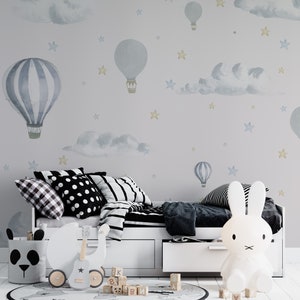 Balloons in the Sky Clouds Stars Wallpaper Kidsroom Nursery Kindergarten Self Adhesive Peel and Stick Wall Decoration Scandinavian Removable