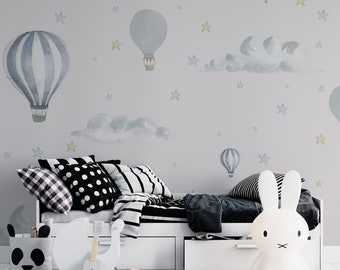 Balloons in the Sky Clouds Stars Wallpaper Kidsroom Nursery Kindergarten Self Adhesive Peel and Stick Wall Decoration Scandinavian Removable