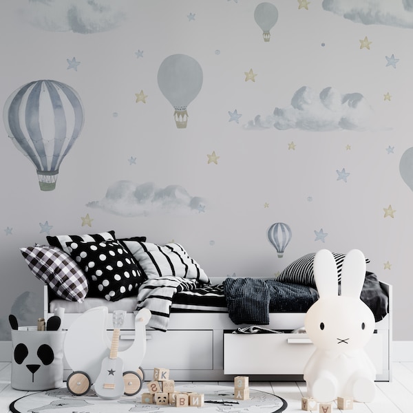 Balloons in the Sky Clouds Stars Wallpaper Kidsroom Nursery Kindergarten Self Adhesive Peel and Stick Wall Decoration Scandinavian Removable