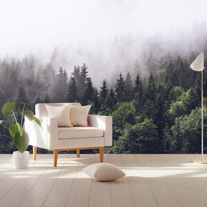 Misty Forest Trees Leaves Floral Natural Nature Wallpaper Self Adhesive Peel and Stick Wall Murals Wall Decoration Scandinavian Removable
