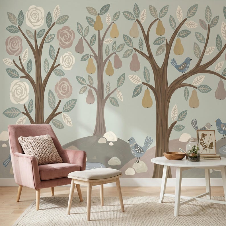 Whimsical Woodland Wallpaper Stylized Trees Peel and Stick Hand Painted ...