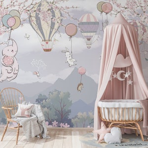 Grande elefante topo coniglio riccio animali gratis su cielo rosa fiori bianchi carta da parati autoadesiva stacca e incolla decorazione da parete design