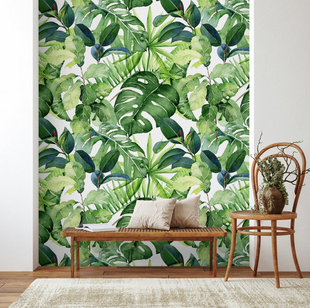 Tropical Leaf Wallpaper Peel and Stick Green Foliage Jungle Design Lush ...