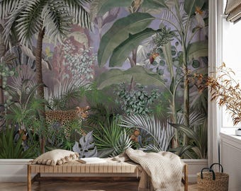 Rainforest Leopard Between the Tropical Jungle Plants Trees Floral Wallpaper Self Adhesive Peel and Stick Wall Mural Wall Decoration