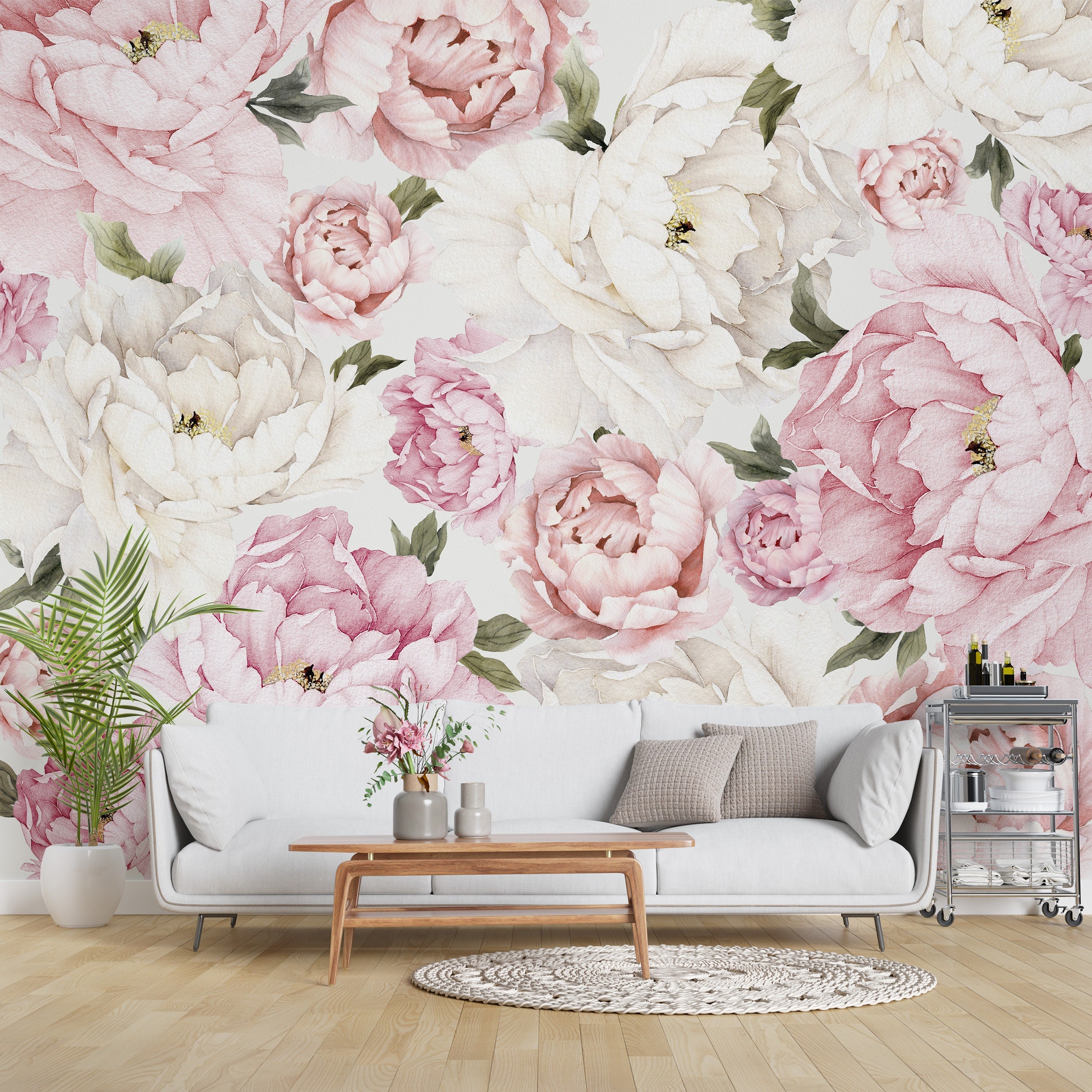 Yirtree Peony Flowers Bedroom Wall Decor, White&Pink Floral