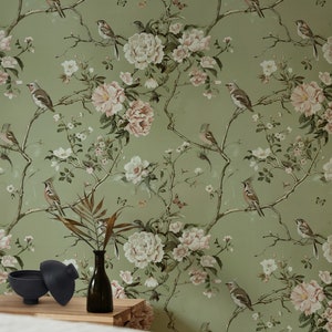 Soft Green Botanical Bird Wallpaper - Vintage Floral Pattern with Birds, Butterflies, and Branches Mural