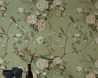 Soft Green Botanical Bird Wallpaper - Vintage Floral Pattern with Birds, Butterflies, and Branches Mural
