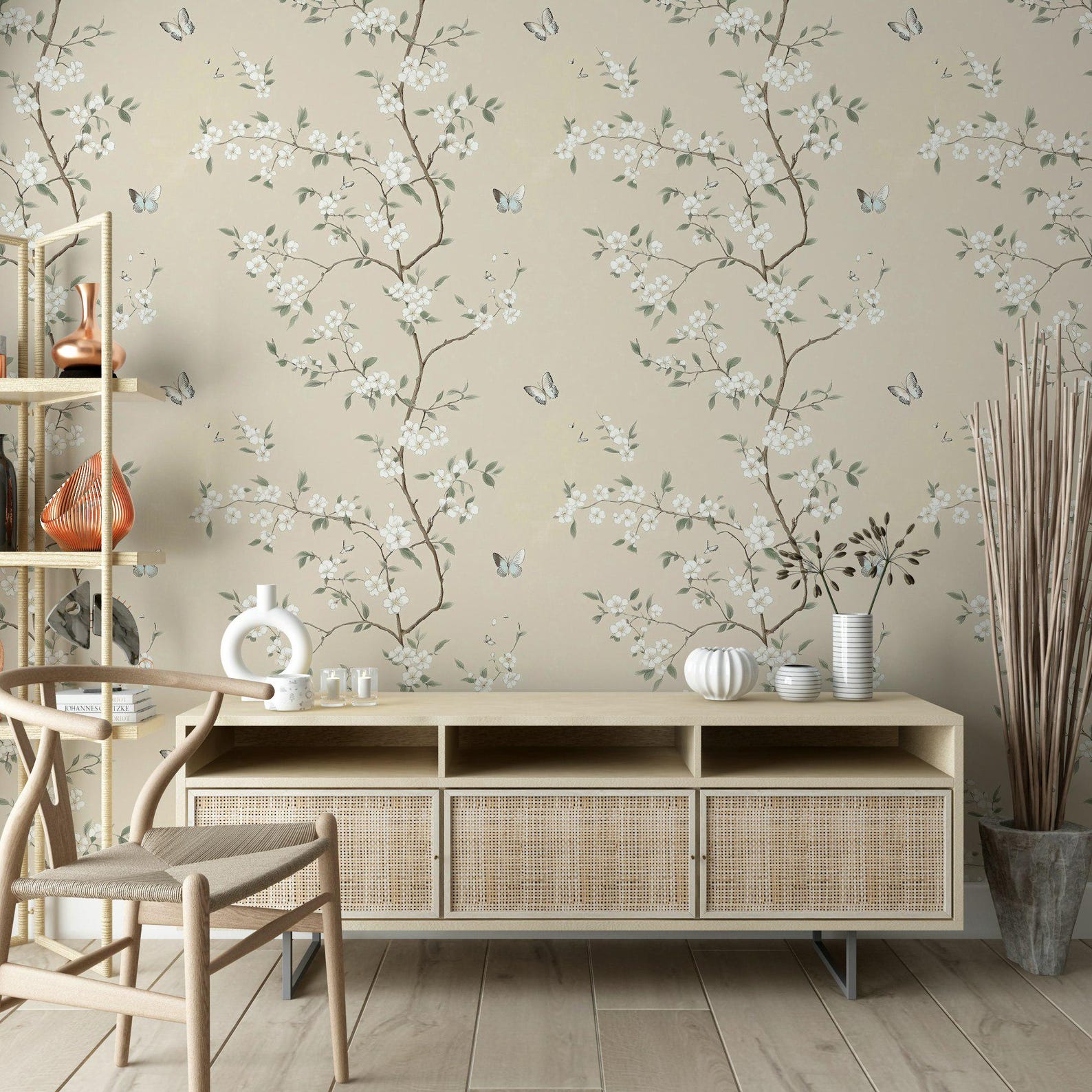 Delicate Floral Wallpaper With Butterflies Minimalist Blossom Design on ...