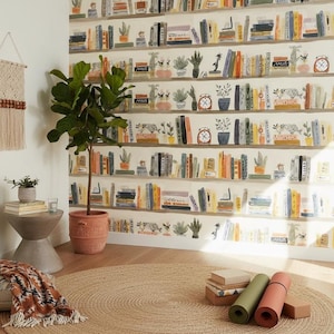 May include: A room with a bookshelf wallpaper, a potted plant, and a round jute rug. A macrame wall hanging and a small side table are also present. Yoga mats and blocks are on the floor, suggesting a space for relaxation and wellness.