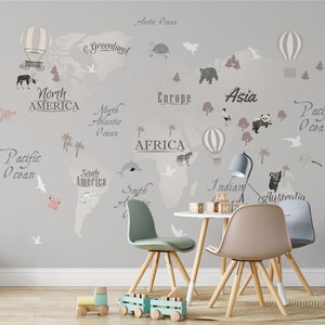Papel tapiz con mapa del mundo de los animales para habitación de niños, murales de pared autoadhesivos para guardería, decoración de pared extraíble