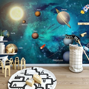 Solar System Starry Sky Planet Wallpaper Self Adhesive Peel & Stick Wall Mural Wall Decoration Minimalistic Scandinavian Design Removable