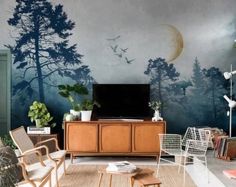 Full Moon Birds Deers Foggy Forest Landscape Midnight Wallpaper Self Adhesive Peel & Stick Wall Mural Wall Decoration Removable