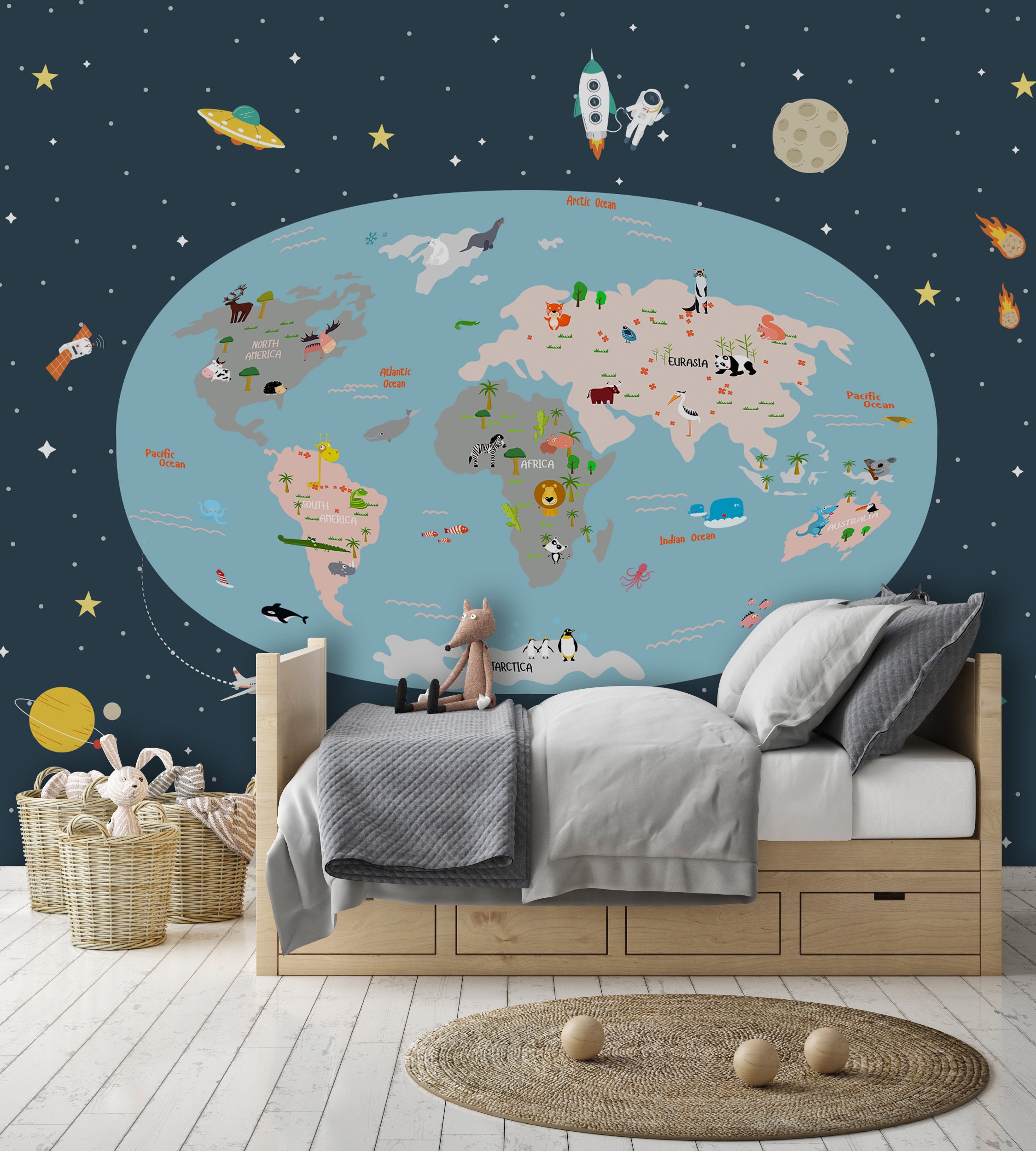 Earth Continents Spacecraft Stars Saturn Animals Space Wallpaper Self Adhesive Peel & Stick Wall Mural Wall Decoration Removable