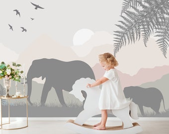 Abstract Elephant Family Mountains Wallpaper Self Adhesive Peel and Stick Wall Murals Wall Decoration Minimalistic Scandinavian Removable