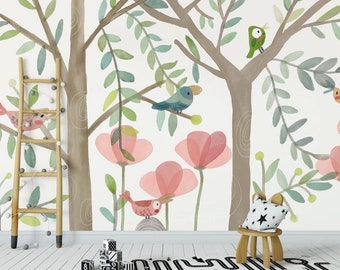 Birds And Trees Kids Room Wallpaper Self Adhesive Peel and Stick Wall Murals Wall Decoration Minimalistic Scandinavian Design Removable