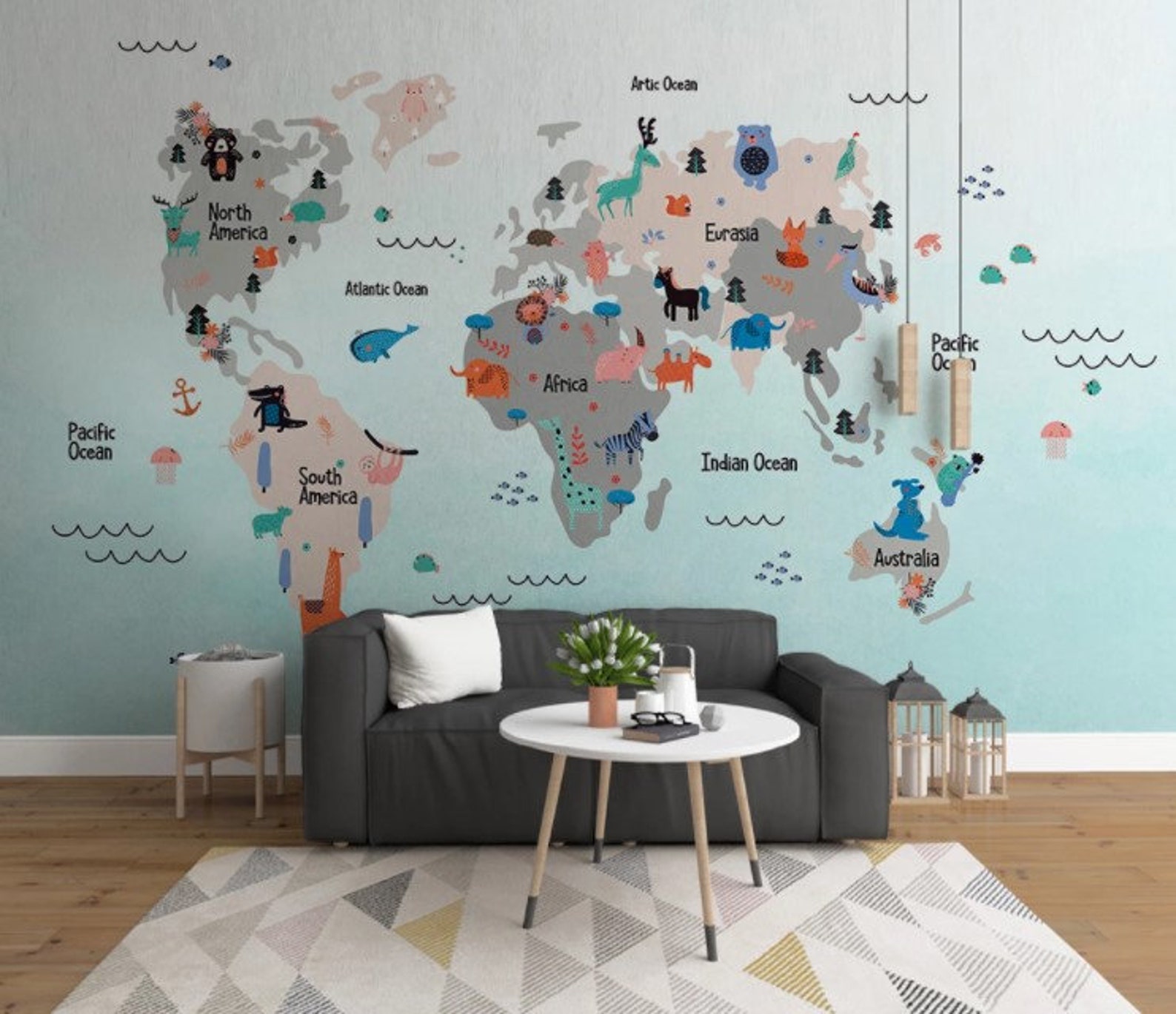 Nursery Wallpaper World Map Peel and Stick Kindergarten Wall Etsy