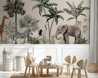 Papel tapiz autoadhesivo de plantas botánicas de selva tropical, hojas, animales africanos, palmeras, decoración de pared extraíble