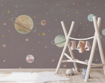 Carta da parati autoadesiva con stelle del sistema solare e altri pianeti, decorazione murale scandinava minimalista rimovibile
