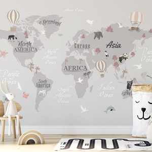 Papier peint carte du monde pour chambre d'enfant - Peinture murale continentale à décoller et à coller