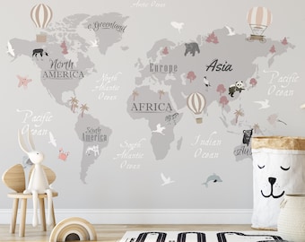 World Map Wallpaper Kids Room Peel and Stick Continental Wall Mural