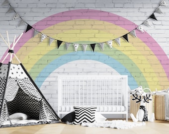 Pierres murales blanches sur soft coloré Rainbow Wallpaper Auto Adhésif Peel et Stick Kids Room Nursery Scandinave Amovible