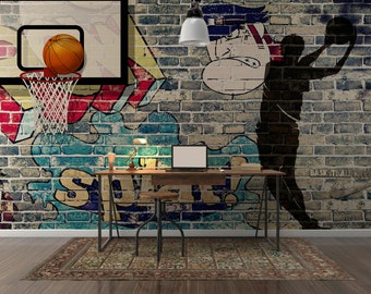 Mural de pared de ladrillo con grafiti de baloncesto, papel pintado autoadhesivo