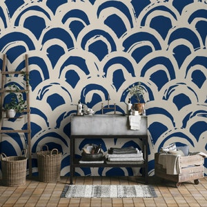 Carta da parati blu a semicerchio dal design moderno, autoadesiva, adesivo da parete staccabile e adesivo, decorazione da parete, design minimalista scandinavo, rimovibile