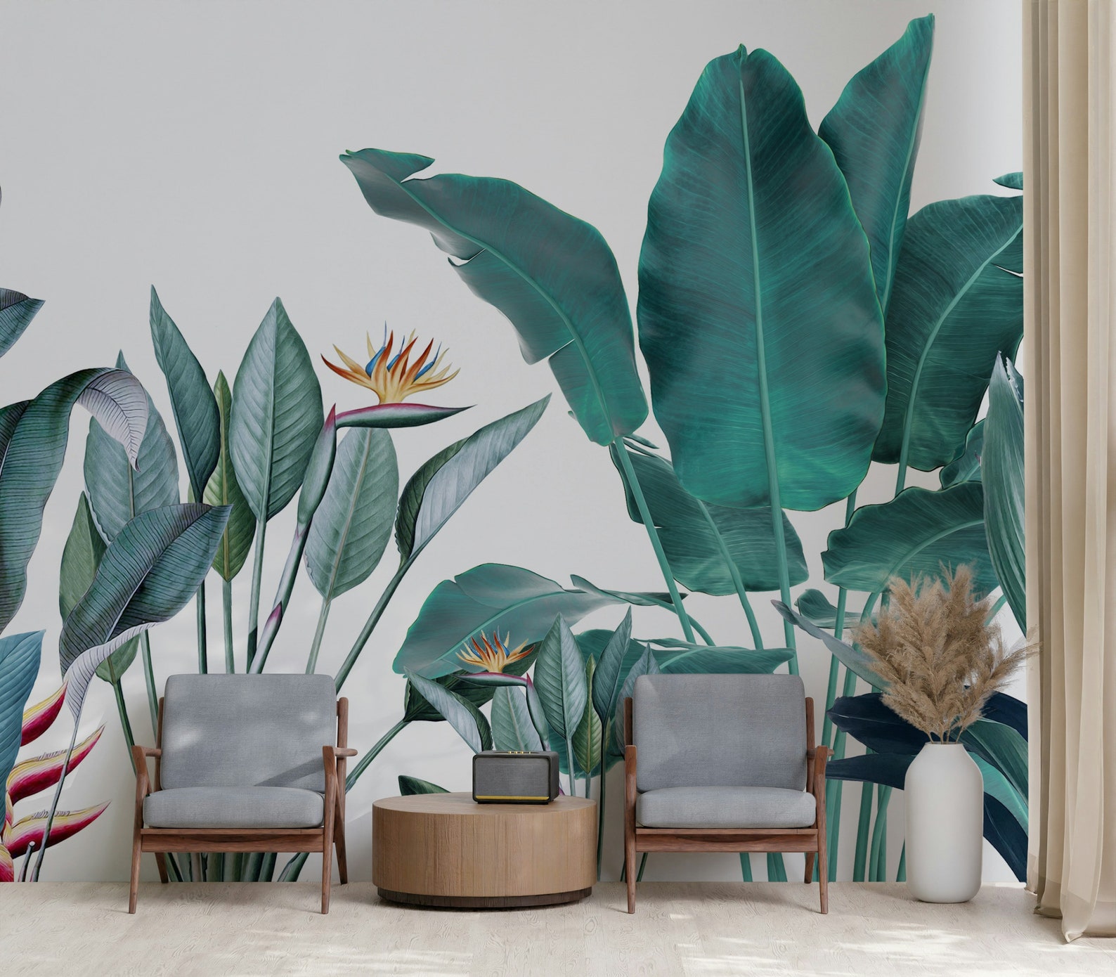 Tropical Green Leaves Wallpaper Mural, Peel and Stick Removable Wall ...