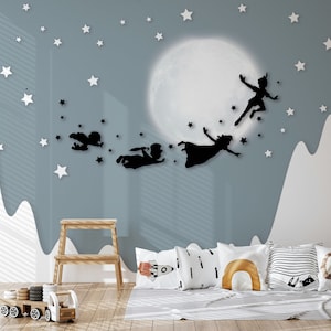 Peter Pan Silhouette Flying with Friends Stars Moon Mountain Wallpaper Self Adhesive Peel and Stick Wall Mural Wall Decoration Removable