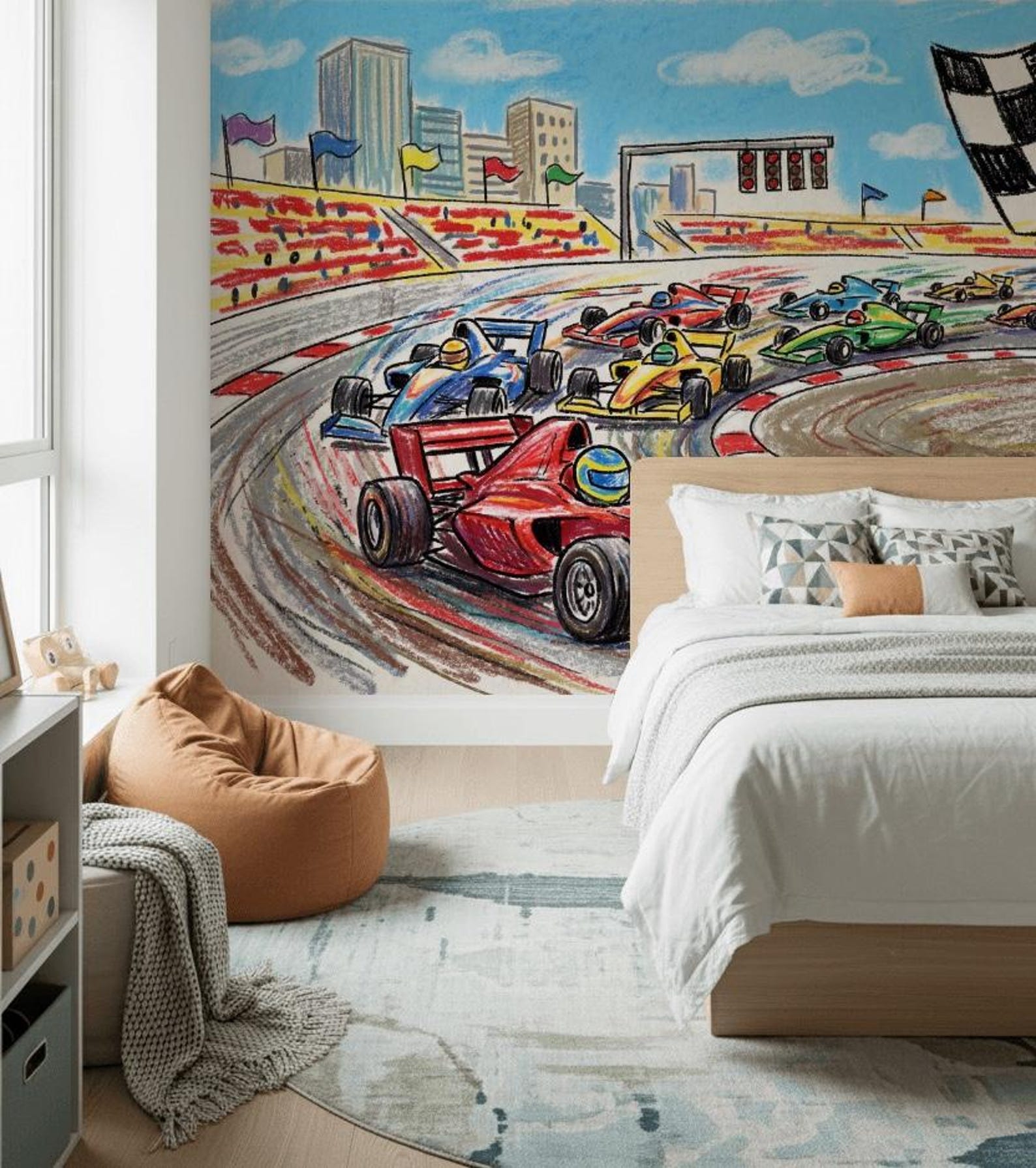 Wall Paper Sticker Racing Race Track Wallpaper Formula Car Peel and Stick City Skyline Wall Mural ...