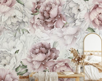 May include: A floral wallpaper design featuring large, watercolor-style peonies in shades of white, dusty rose, and mauve. Green leaves accent the flowers. The design creates a soft, romantic aesthetic, suitable for interior decor.