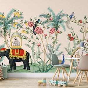 Indian Floral Palm Tree Plants Elephant Peacock Bird Animal Wallpaper Self Adhesive Peel & Stick Wall Murals Decorazione murale rimovibile