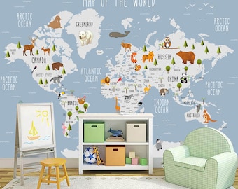 Animals World Map Wallpaper, Kids Room Decor, Peel and Stick Mural