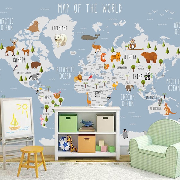 Map Of The World Animals Children Wallpaper Self Adhesive Peel and Stick Wall Murals Wall Decoration Kindergarten Scandinavian Removable