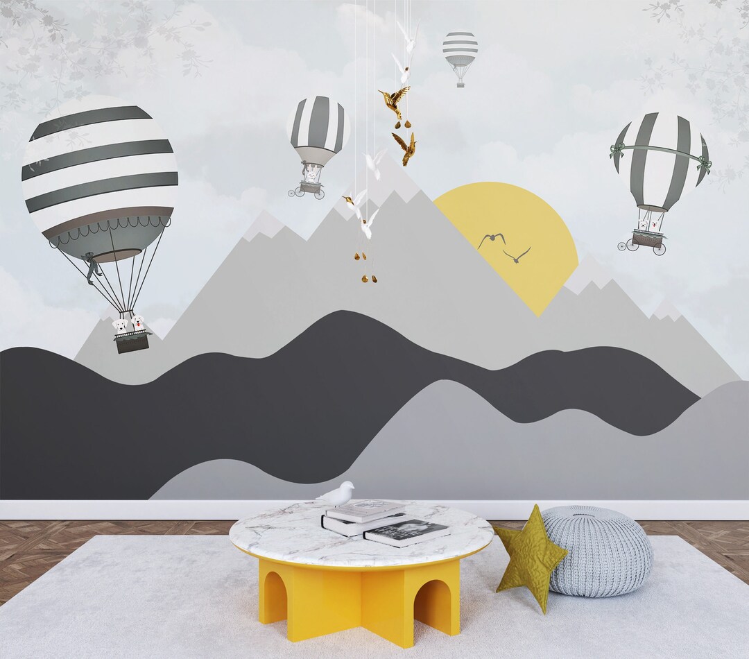 Kids Room Wallpaper Mountain Peel and Stick Hot Air Balloon Wall Mural ...