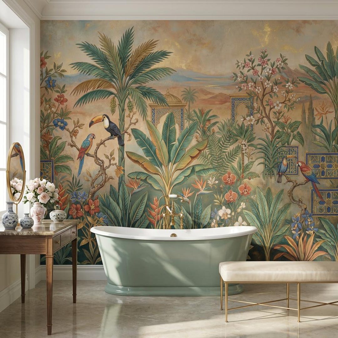 Tropical Paradise Wallpaper Mural for Living Room With Exotic Birds - Etsy