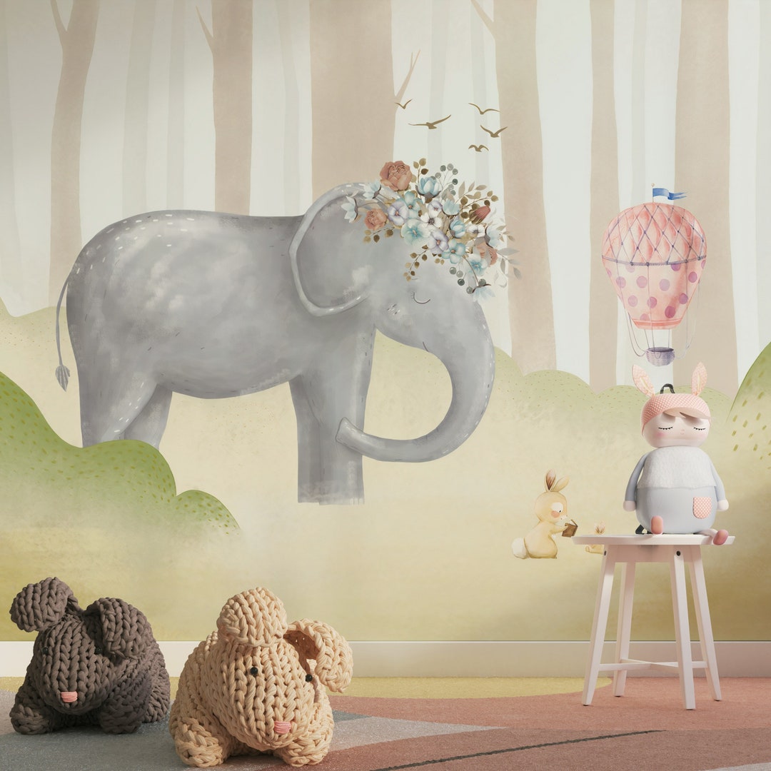 Animal Wallpaper Baby Elephant Peel and Stick Kids Wall Mural Nursery ...
