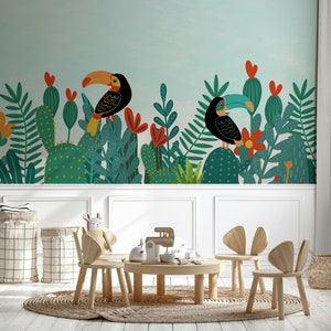 Bosque tropical tucán pájaro exótico fondo de pantalla autoadhesivo Peel and Stick pared mural decoración de la pared jardín de infantes escandinavo extraíble