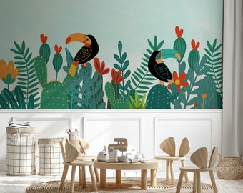 Papier peint forêt tropicale toucan oiseaux exotiques auto-adhésif autocollant décoration murale décoration murale maternelle scandinave amovible