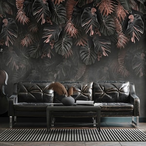 Big Leaves on The Dark Background Wallpaper Self Adhesive Peel and Stick Wall Mural Wall Decoration Minimalistic Scandinavian Removable