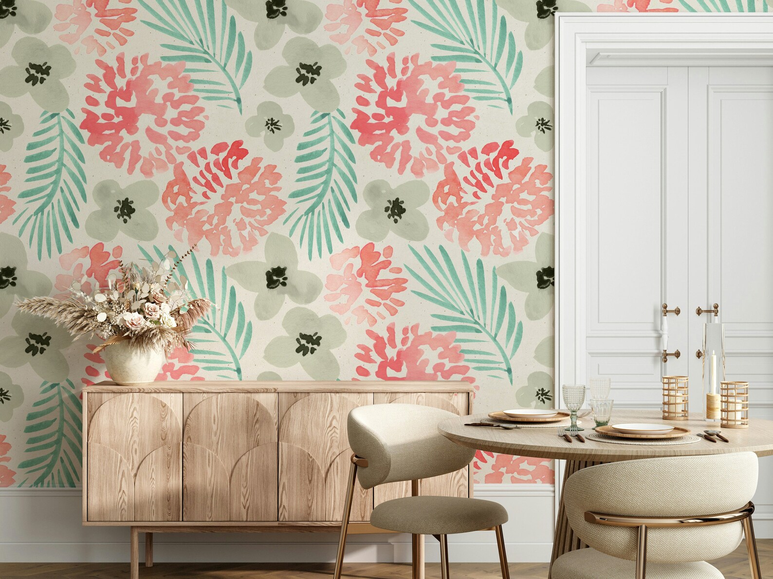 Watercolor Pink Green Gray Modern Design Flowers Floral Wallpaper Self ...