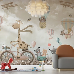 Grande giraffa in bicicletta con simpatici animaletti Scimmia Volpe Maiale Coniglio Orso Carta da parati autoadesiva stacca e incolla Decorazione da parete rimovibile