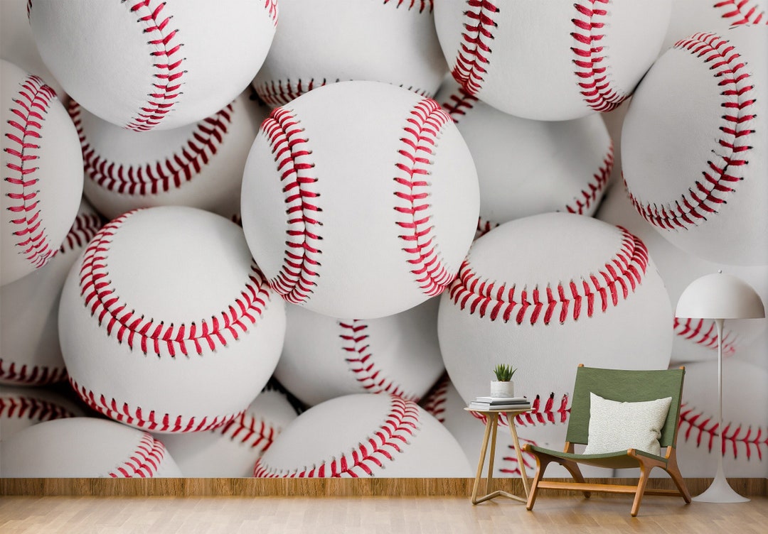 Baseballs Wallpaper White Background Peel and Stick Sports Wall Mural