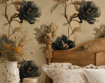 Black Peony Wallpaper Vintage Floral Peel And Stick Beige Wall Mural