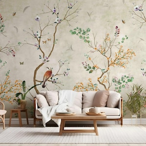 Chinoiserie Peel and Stick Wallpaper  | Vintage Wall Mural Bird Blossom Botanical