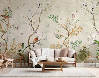 Chinoiserie Peel and Stick Wallpaper  | Vintage Wall Mural Bird Blossom Botanical